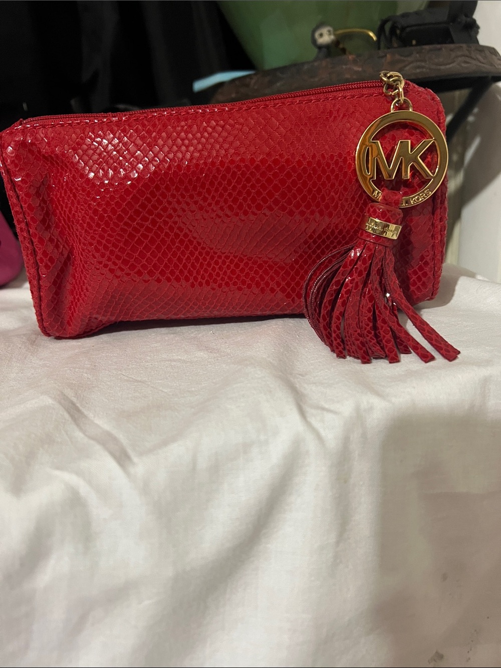 Michael Kors Red Snakeskin-Texture Cosmetic Pouch with Gold MK Tassel